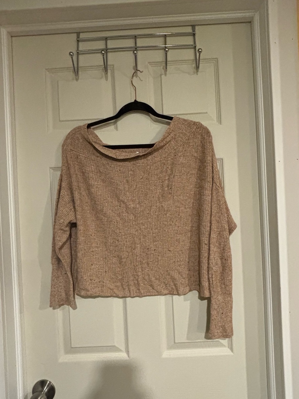 Free People Neutral Beige Ribbed Wide-Neck Sweater